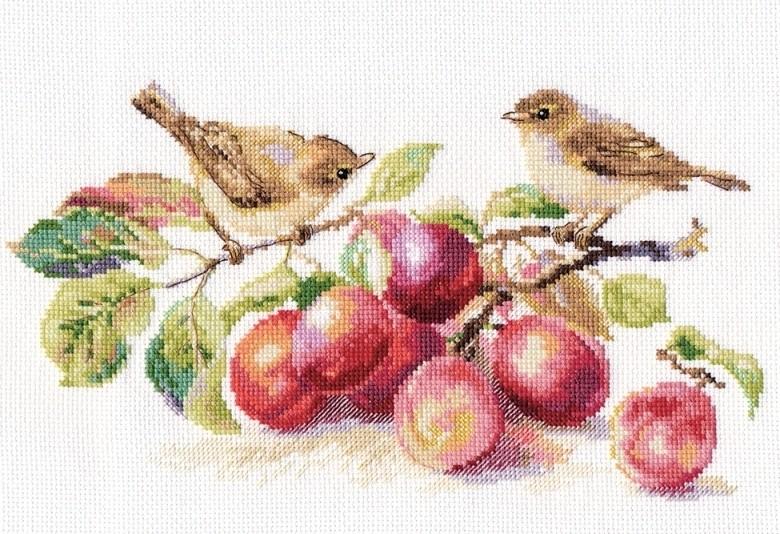 Warblers & Plums 5-17 Cross-stitch kit with white aida fabric, colorful threads, and an embroidery needle.