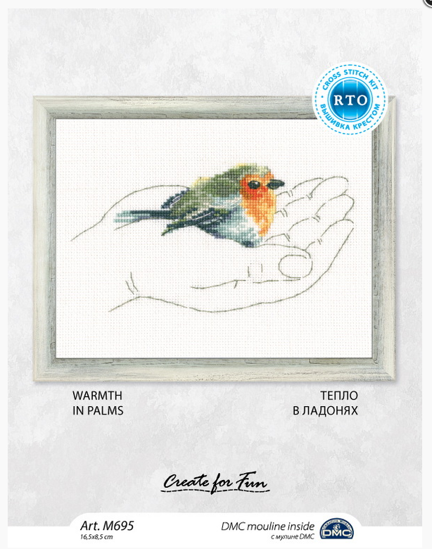 Warmth in Palms M695 Counted Cross Stitch Kit featuring white Aida fabric, colorful threads, and included needle and instructions.