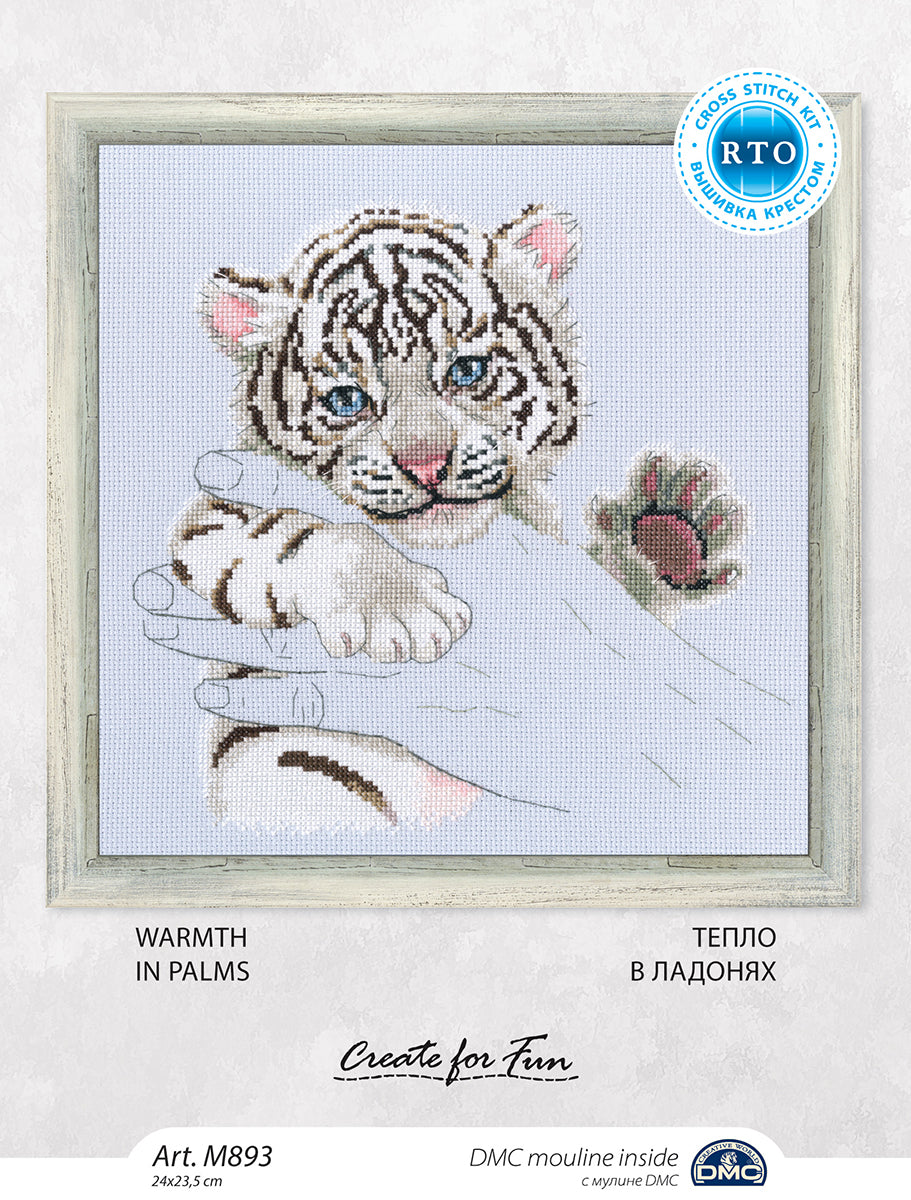 Warmth in Palms M893 Counted Cross Stitch Kit featuring grey Aida canvas, colorful threads, and included accessories.