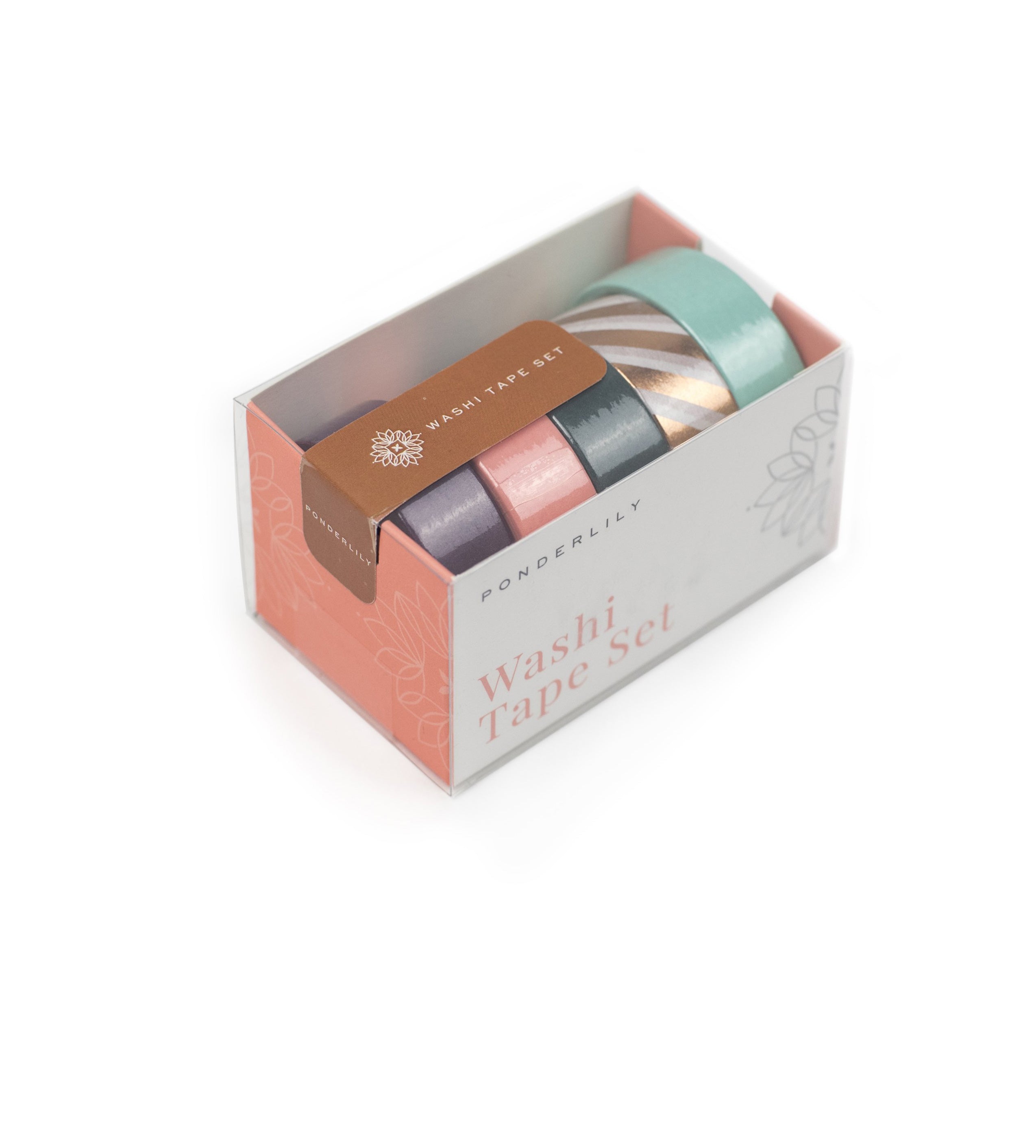 A beautifully arranged Washi Tape Set featuring five rolls of colorful decorative tape in an elegant box, perfect for planners and crafts.