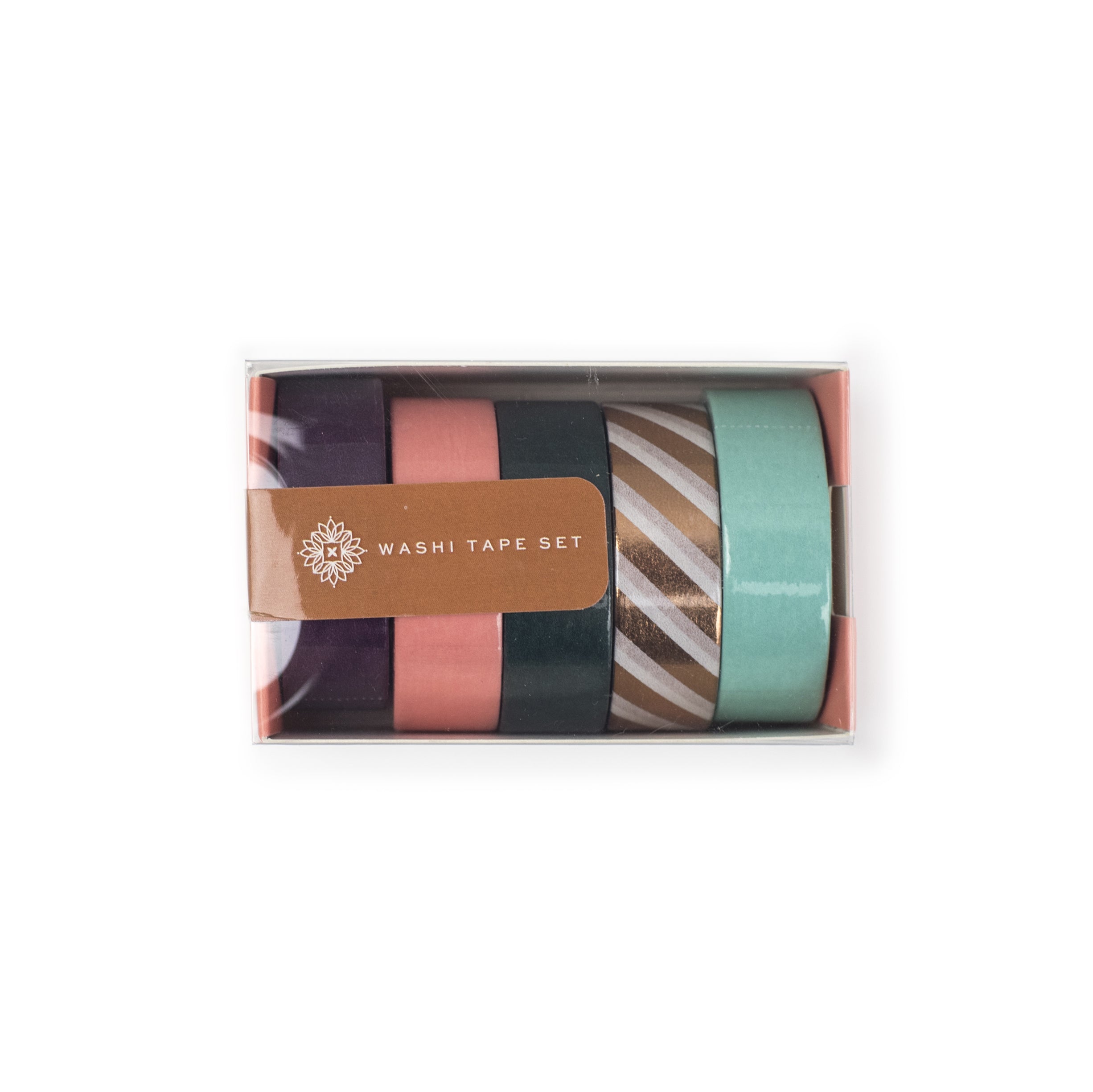 A beautifully arranged Washi Tape Set featuring five rolls of colorful decorative tape in an elegant box, perfect for planners and crafts.