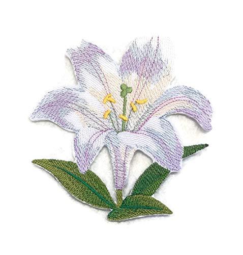 Custom Watercolor White Lily Bloom embroidery patch showcasing vibrant colors and intricate design on a cotton base.