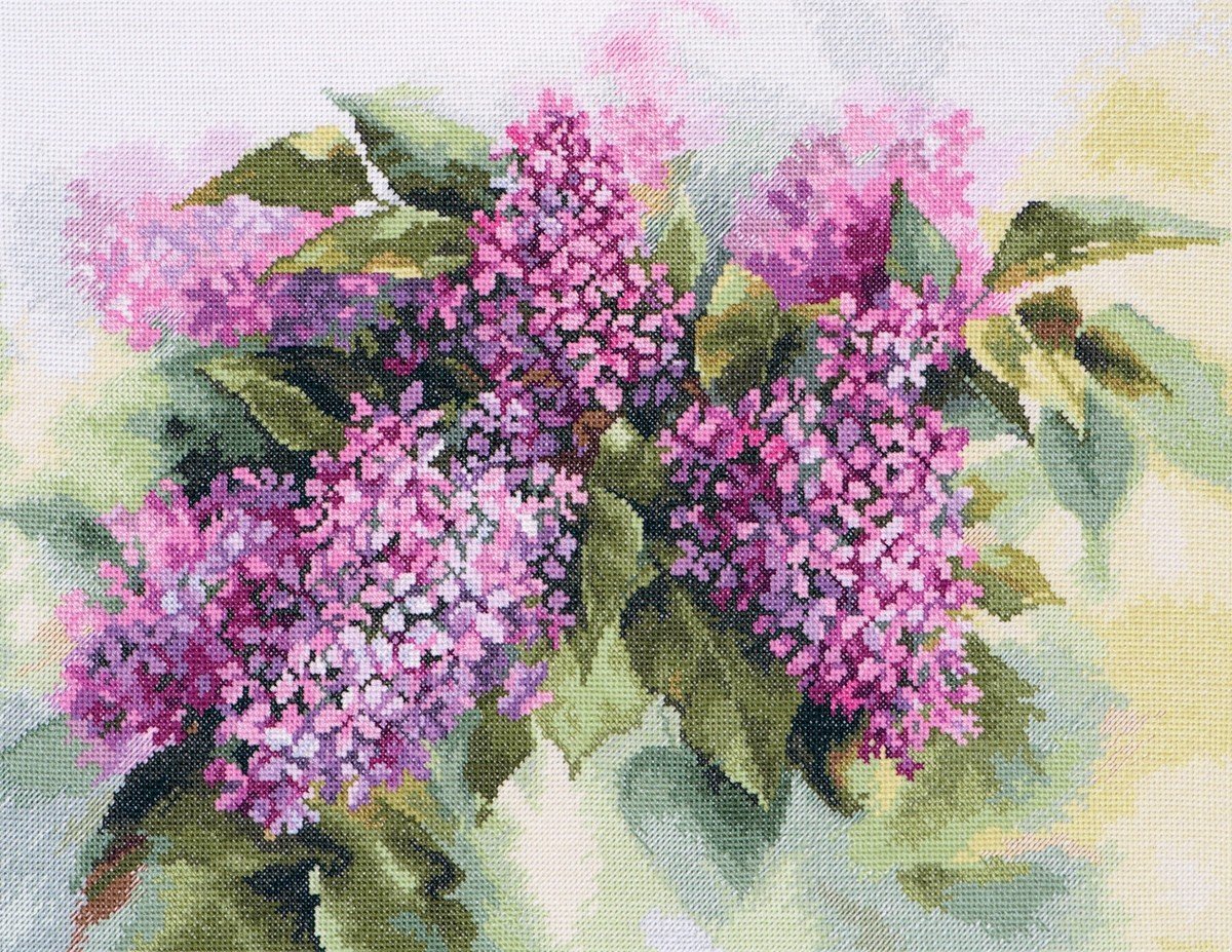 Watercolor Lilac 2-45 Cross-stitch kit featuring white Aida fabric, 40 colorful threads, and an embroidery needle.