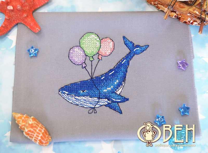 Whale 1228 Counted Cross Stitch Kit featuring colorful threads and soluble canvas.