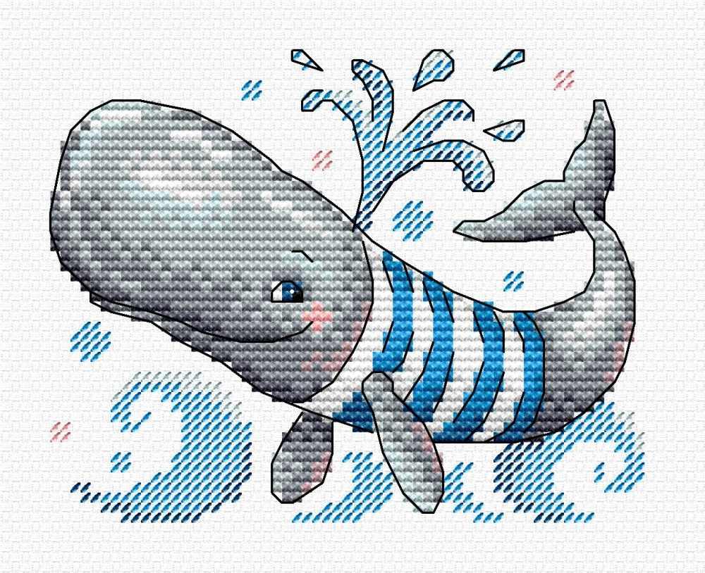 Whale M-352 Counted Cross Stitch Kit featuring AIDA canvas, cotton threads, and multilingual instructions.