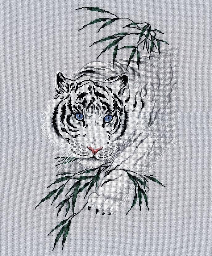 White Tiger 1438 Counted Cross Stitch Kit with canvas, threads, and needle, showcasing vibrant colors and intricate design.