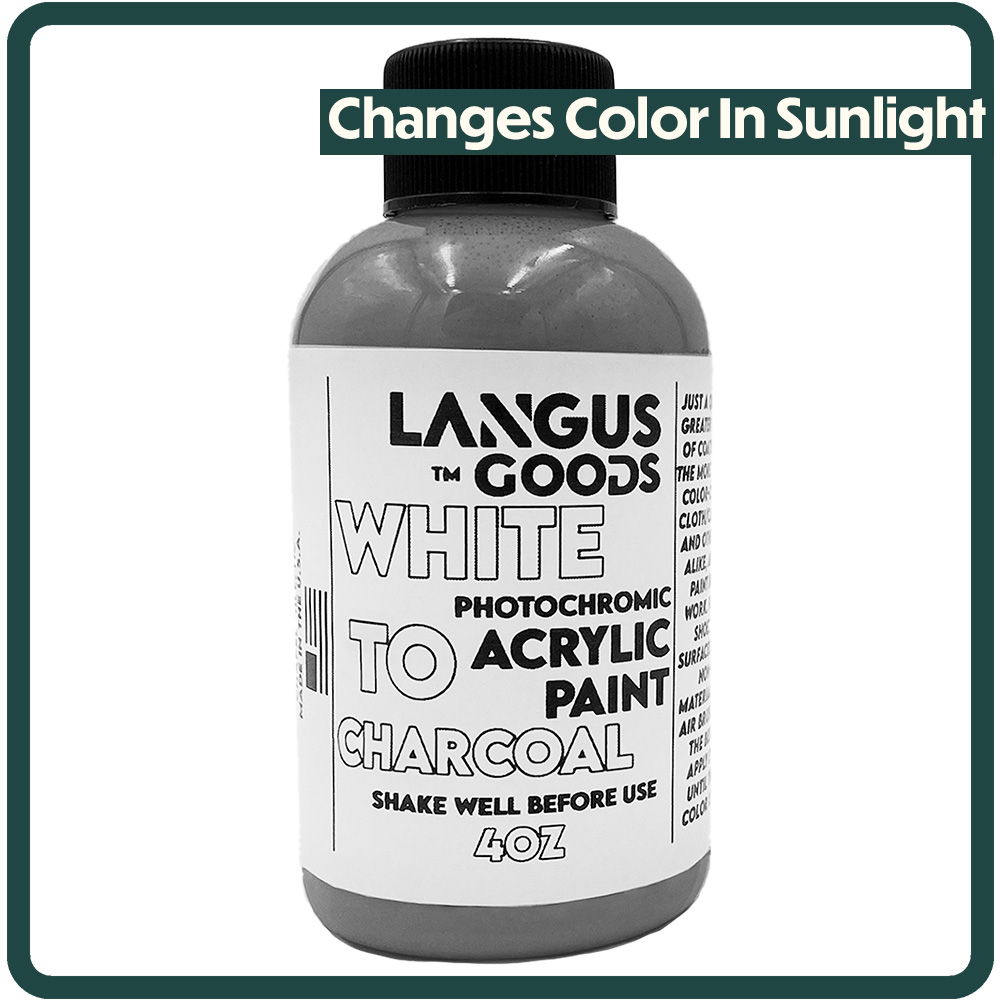 White to Charcoal Photochromic Fabric & Airbrush Paint in a bottle, showcasing its unique color-changing properties under sunlight.