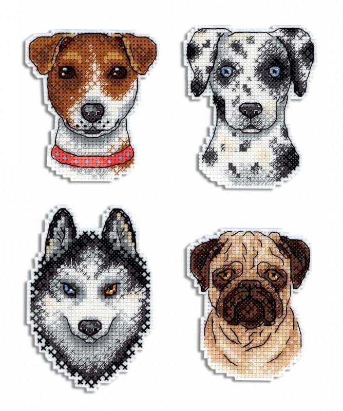 Who Said Woof? Magnets SR-409 Cross Stitch Kit featuring colorful threads, plastic canvas, and finished dog-themed magnets.