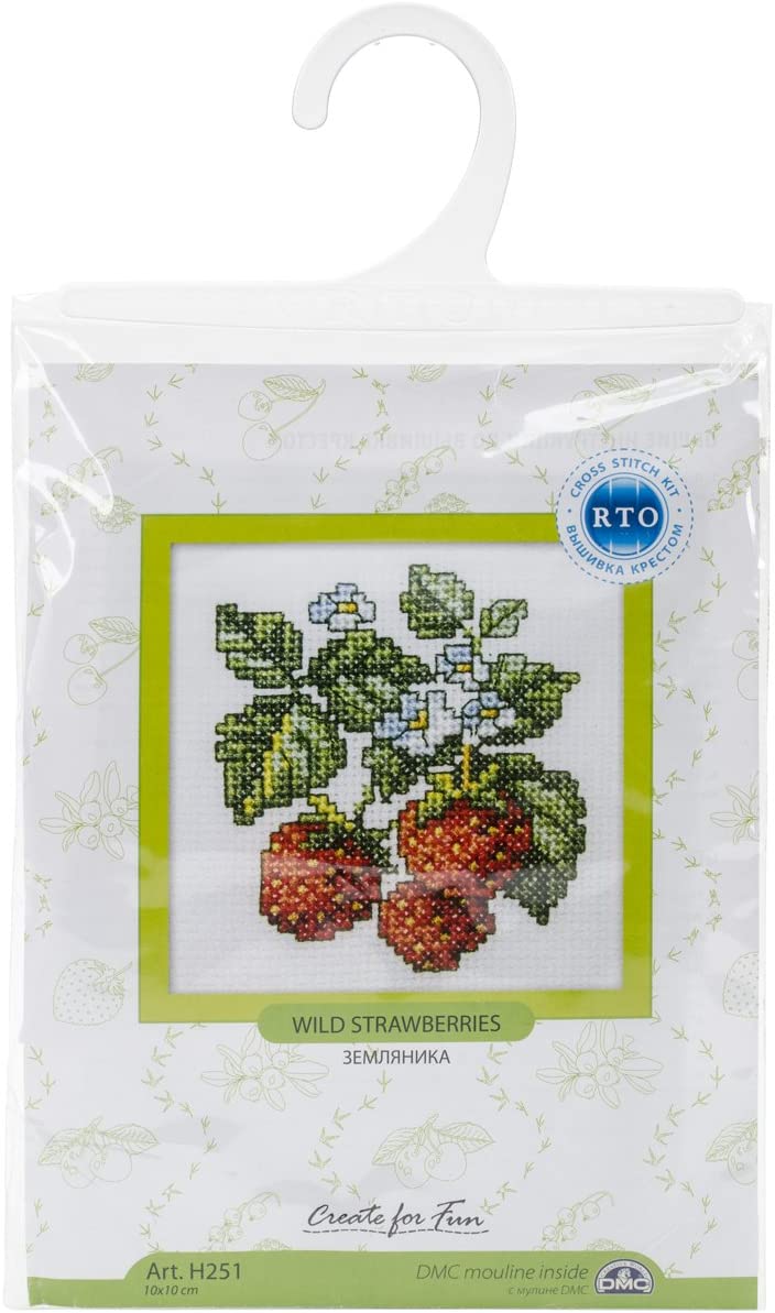 Wild Strawberries H251 Counted Cross Stitch Kit with Aida canvas, DMC threads, and needle, showcasing vibrant colors and detailed design.