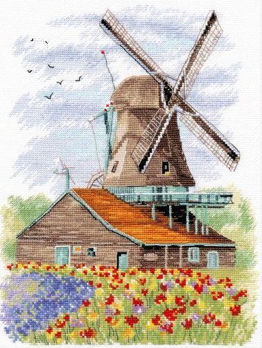 Windmill.Holland 1105 Counted Cross Stitch Kit with Aida canvas, colorful threads, and needle, showcasing a charming windmill design.