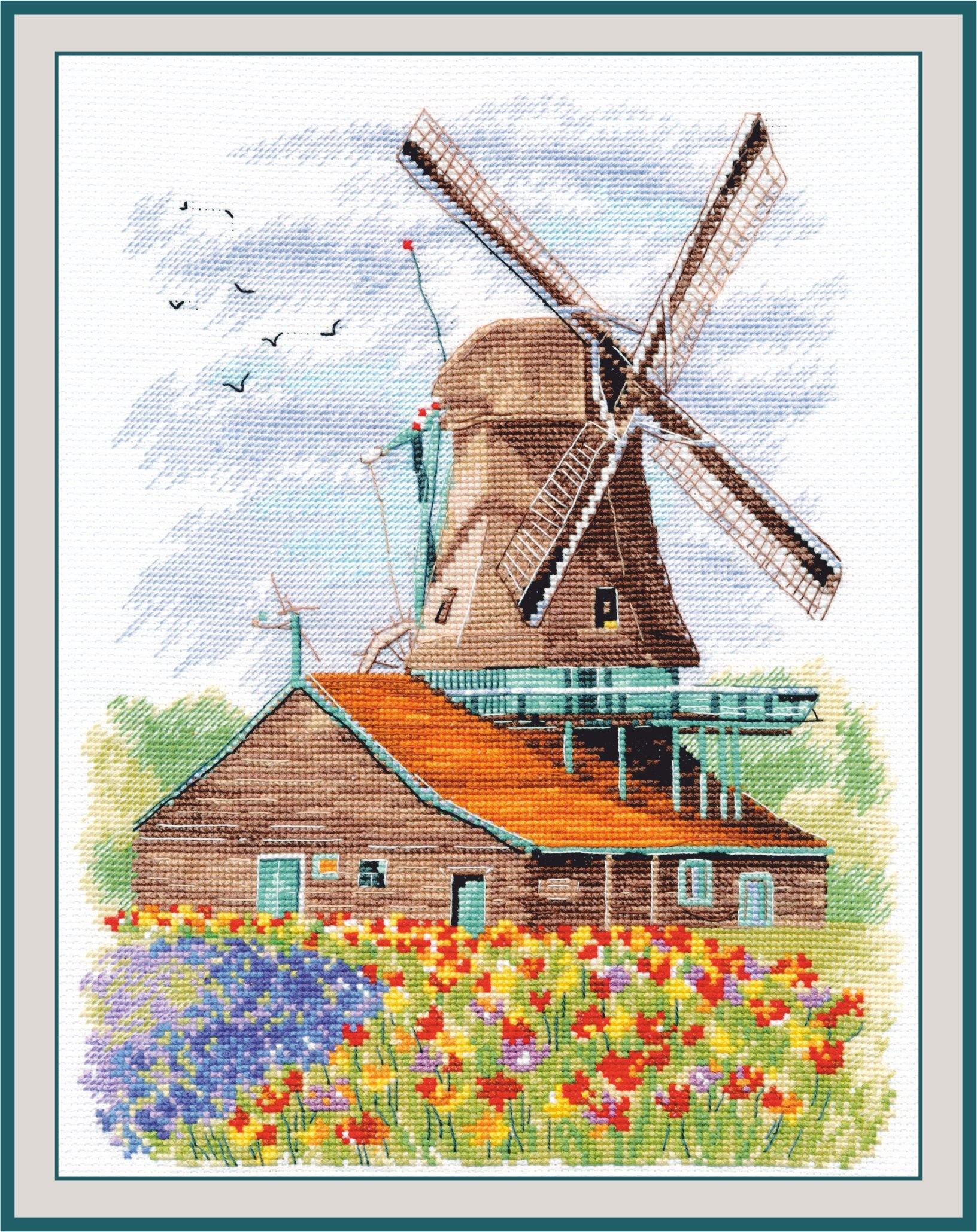 Windmill.Holland 1105 Counted Cross Stitch Kit with Aida canvas, colorful threads, and needle, showcasing a charming windmill design.