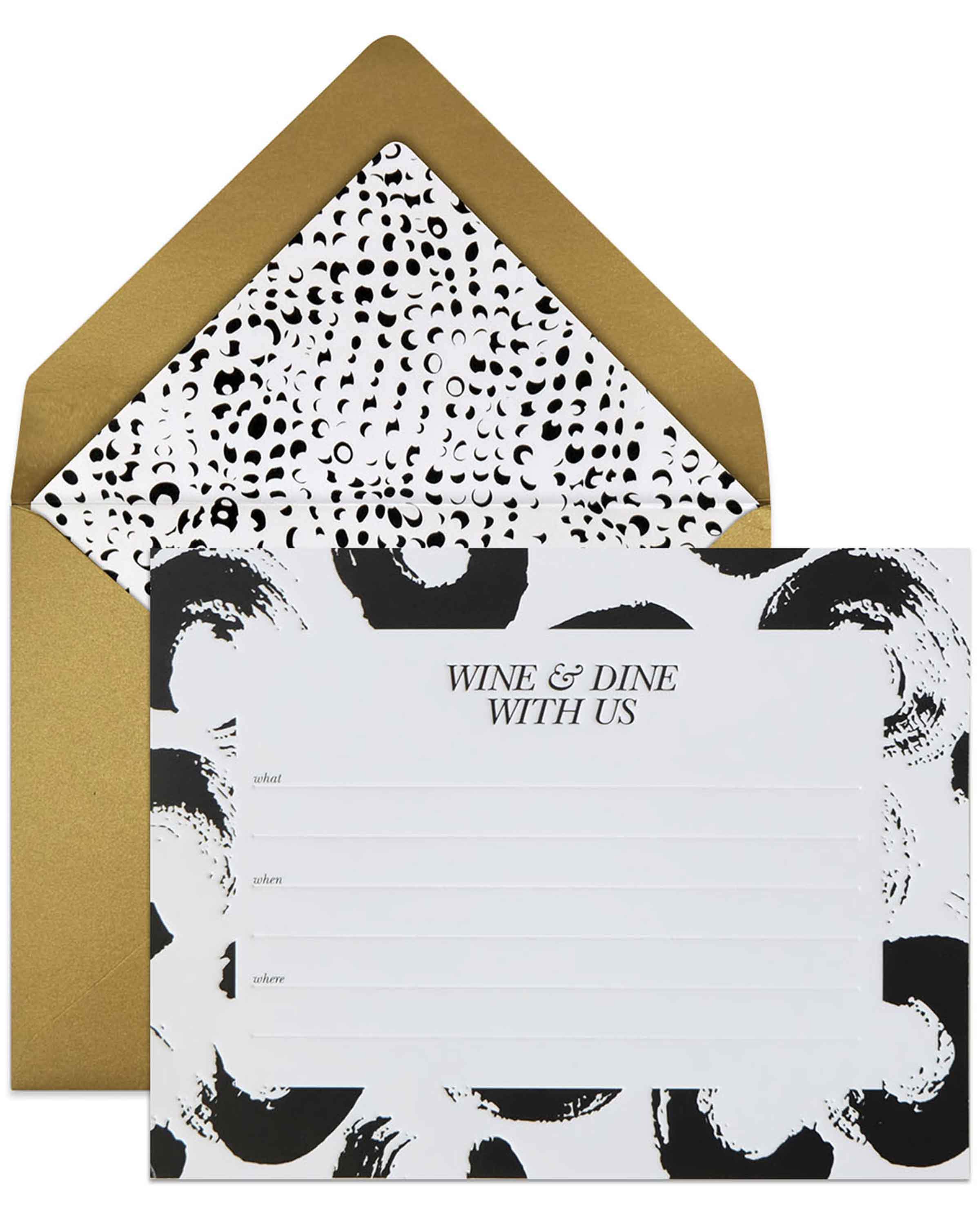 A box set of elegant Wine & Dine Invitations featuring 8 fill-in invite cards and 8 lined envelopes with a black deboss finish.