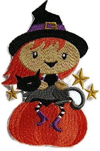 Embroidered patch featuring Winifred Witch and her cat, designed for iron-on or sew-on application, showcasing vibrant colors and intricate details.