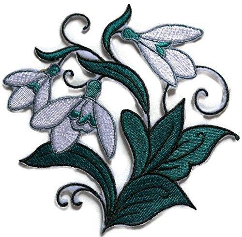 Embroidered patch featuring whimsical snowdrop flowers on a cotton base, ideal for iron-on or sewing applications.