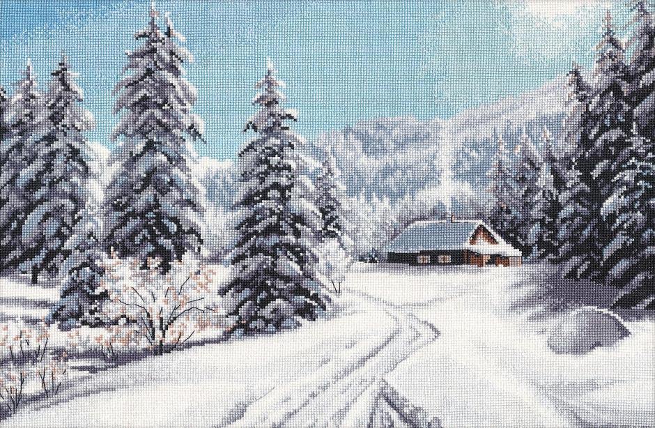 Winter Day 1205 Counted Cross Stitch Kit with Aida canvas, colorful threads, and needle, showcasing a winter scene design.