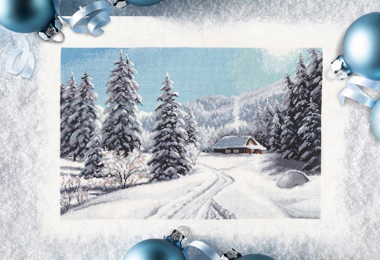 Winter Day 1205 Counted Cross Stitch Kit with Aida canvas, colorful threads, and needle, showcasing a winter scene design.