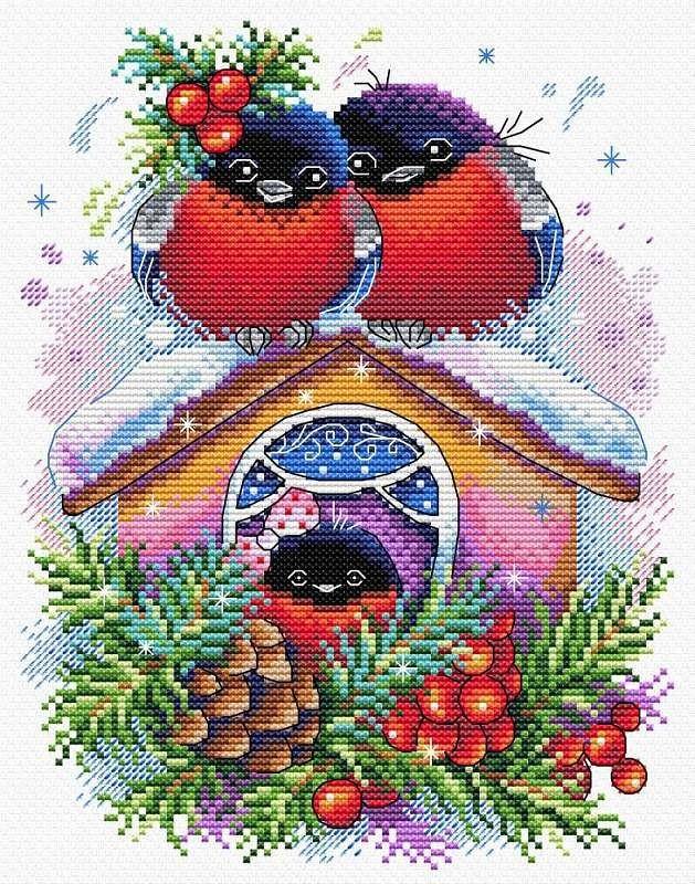 Winter House SM-440 Counted Cross Stitch Kit featuring 14 count AIDA canvas, 26 colorful threads, and monochrome chart for stitching.