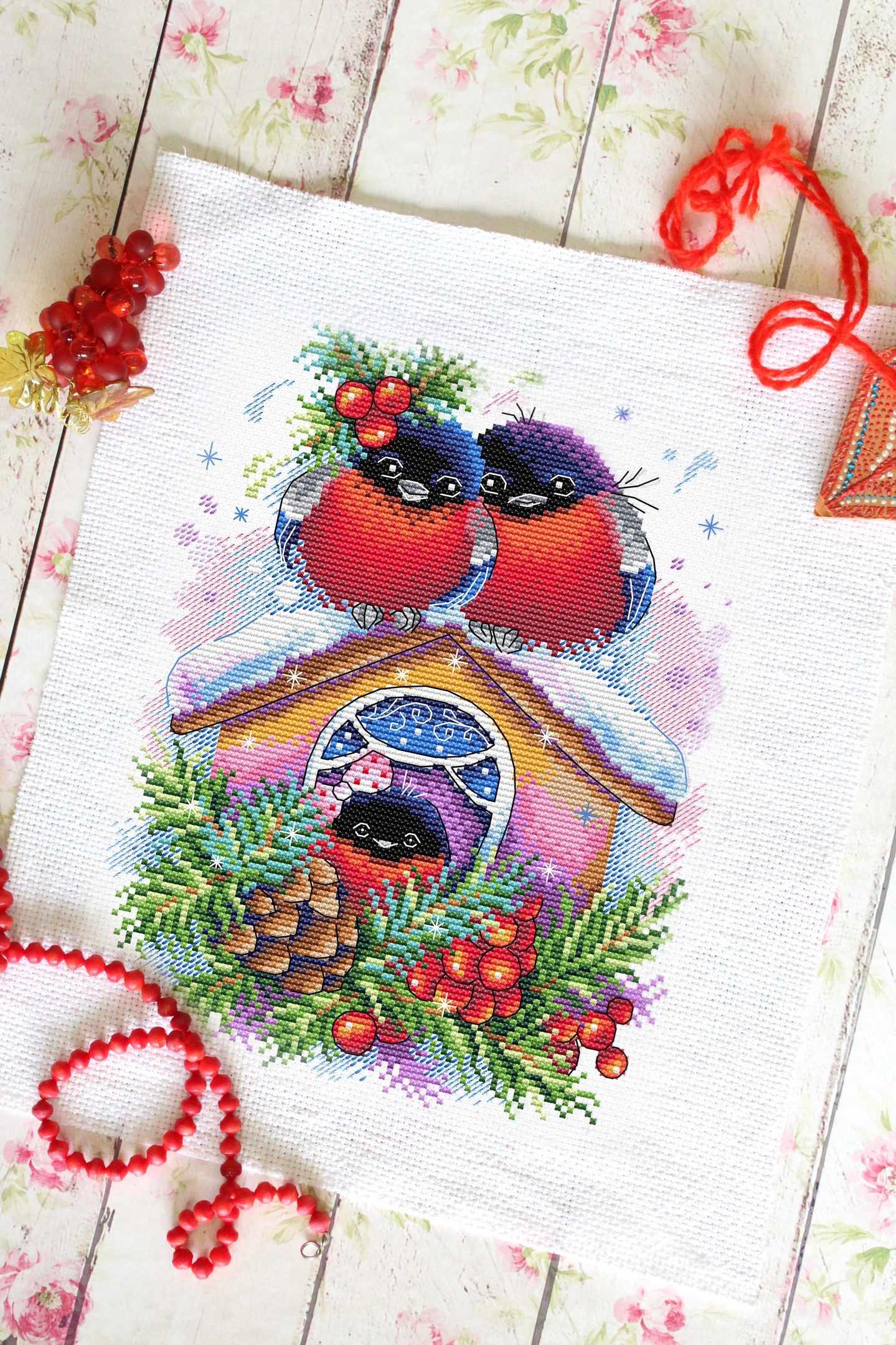 Winter House SM-440 Counted Cross Stitch Kit featuring 14 count AIDA canvas, 26 colorful threads, and monochrome chart for stitching.