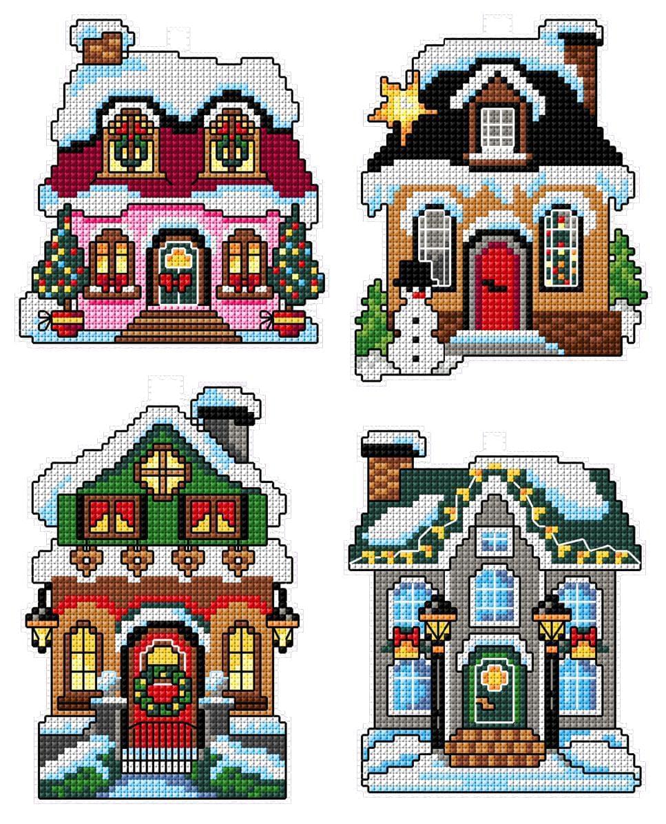 Winter Houses 112CS Counted Cross-Stitch Kit featuring plastic canvas, colorful threads, and detailed instructions.