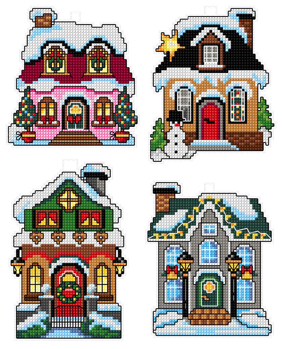 Winter Houses 112CS Counted Cross-Stitch Kit featuring plastic canvas, colorful threads, and detailed instructions.