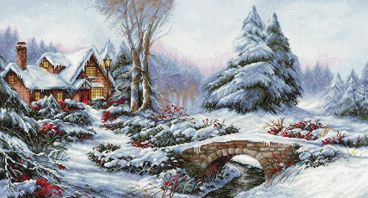 Winter Landscape BU5002L Counted Cross-Stitch Kit featuring Aida canvas, vibrant threads, and a serene snowy scene design.