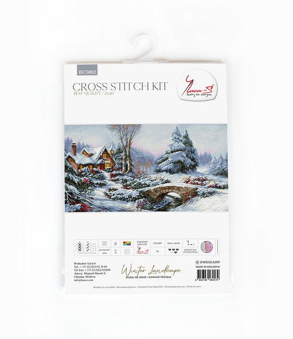 Winter Landscape BU5002L Counted Cross-Stitch Kit featuring Aida canvas, vibrant threads, and a serene snowy scene design.