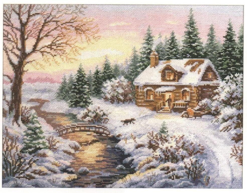 Counted cross-stitch kit featuring a winter scene with white aida fabric and colorful threads.