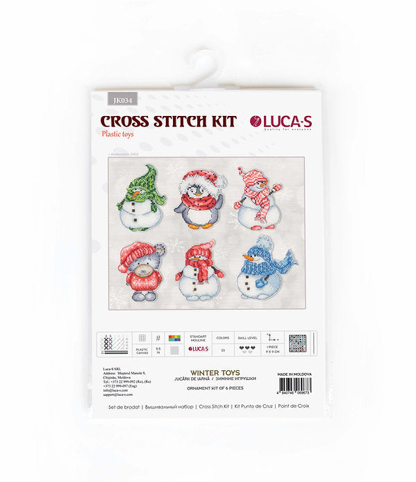 Winter Toys JK034L Counted Cross-Stitch Kit featuring Aida plastic canvas, 33 colors, needle, and instructions.