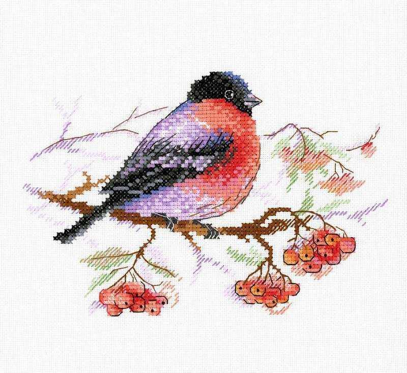 Winter Wanderer Cross Stitch Kit featuring a bullfinch design on 27 count white canvas with included threads and instructions.