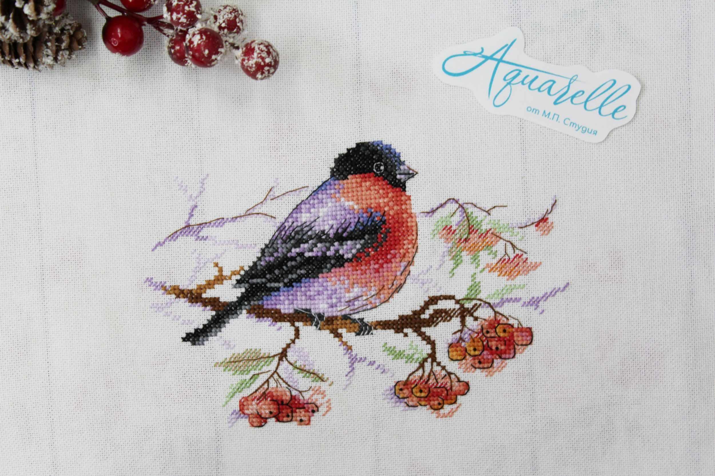 Winter Wanderer Cross Stitch Kit featuring a bullfinch design on 27 count white canvas with included threads and instructions.