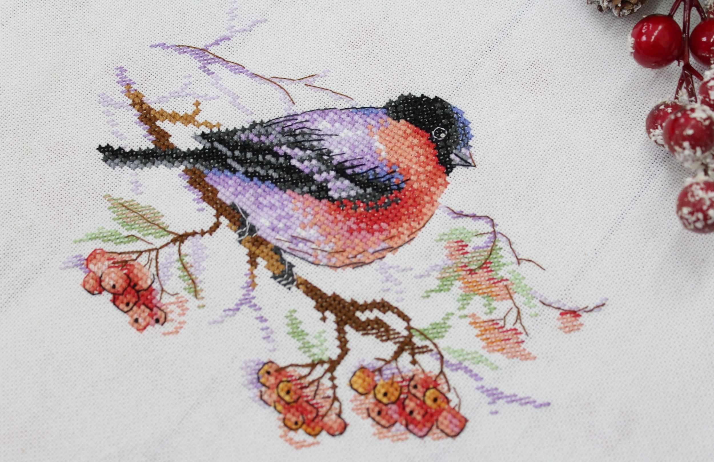 Winter Wanderer Cross Stitch Kit featuring a bullfinch design on 27 count white canvas with included threads and instructions.