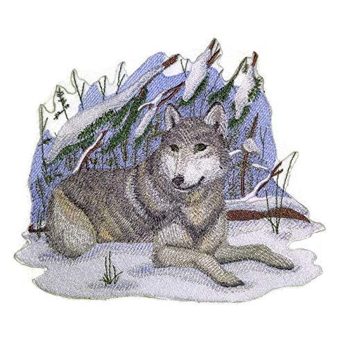 A detailed embroidered patch featuring a winter wolf design, measuring 7 inches by 8 inches, suitable for iron-on or sewing applications.