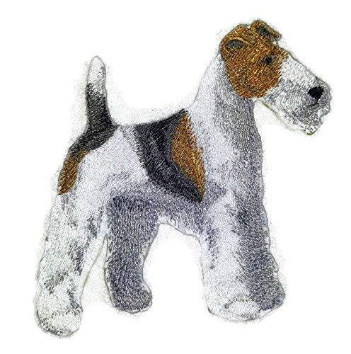 Wirehaired Fox Terrier embroidered patch, 5.5 inches, featuring detailed stitching and vibrant colors, suitable for iron-on or sew-on application.