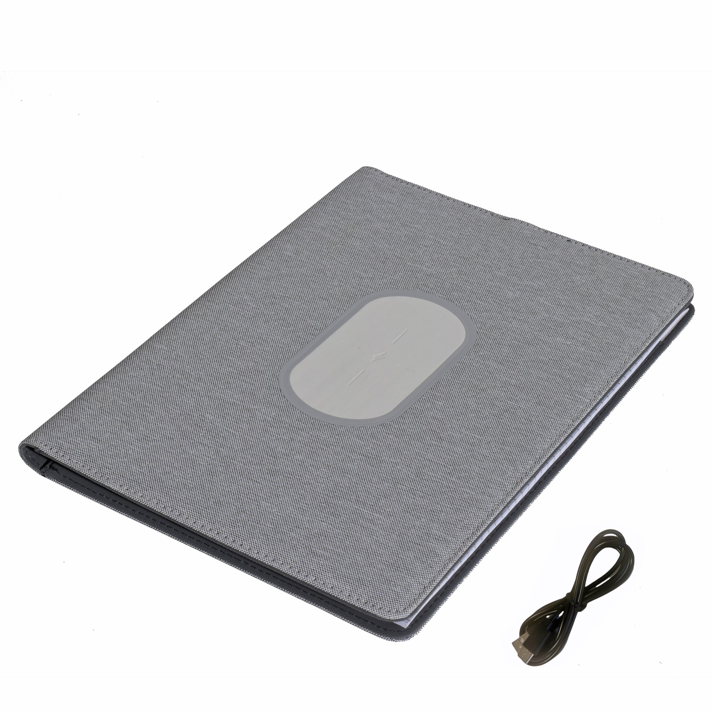 A sleek Wireless Charging Padfolio featuring a notebook design with USB charging capabilities, card slots, and elastic holders.