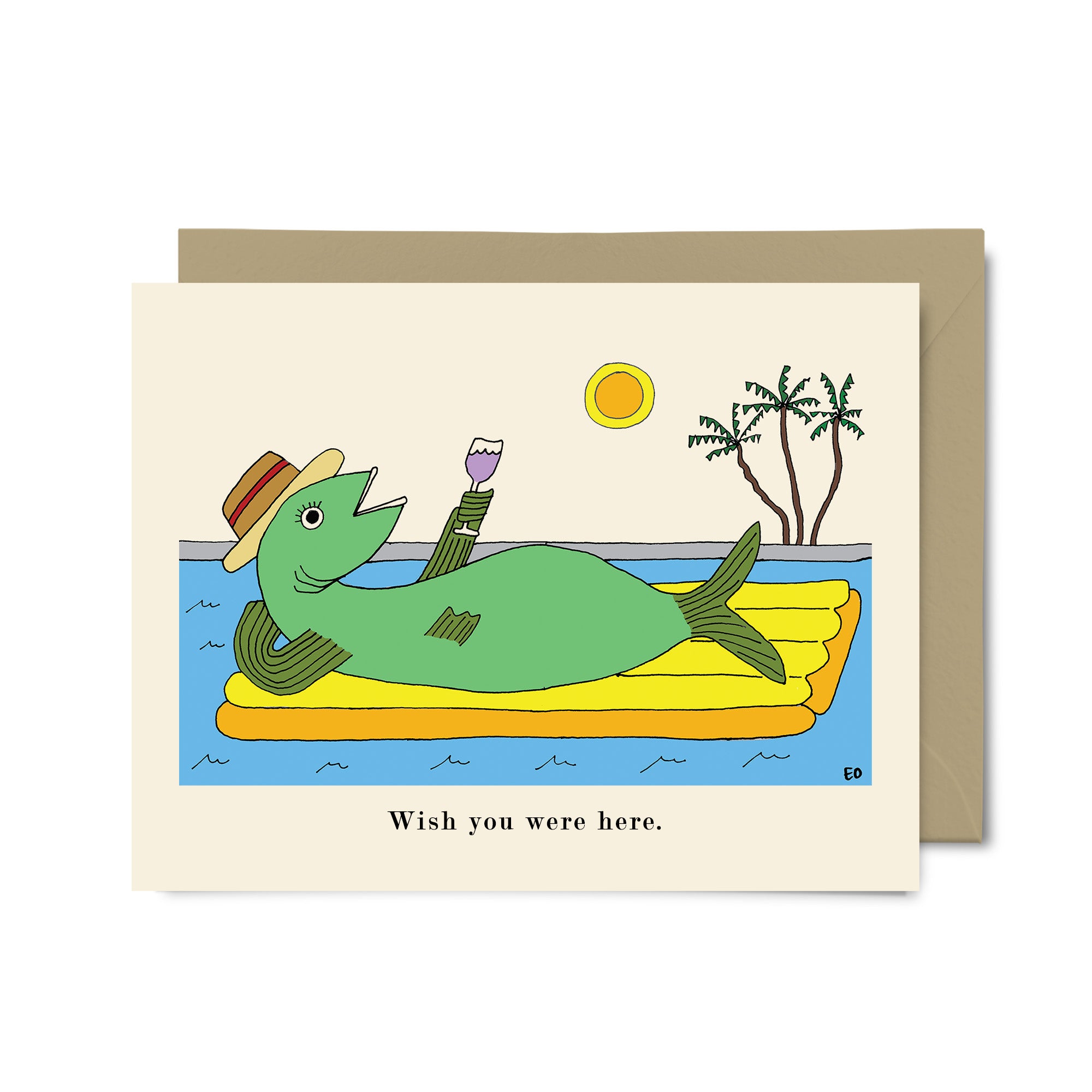 A whimsical greeting card featuring a fish on a pool float holding a glass of wine, with the text 'Wish you were here.'