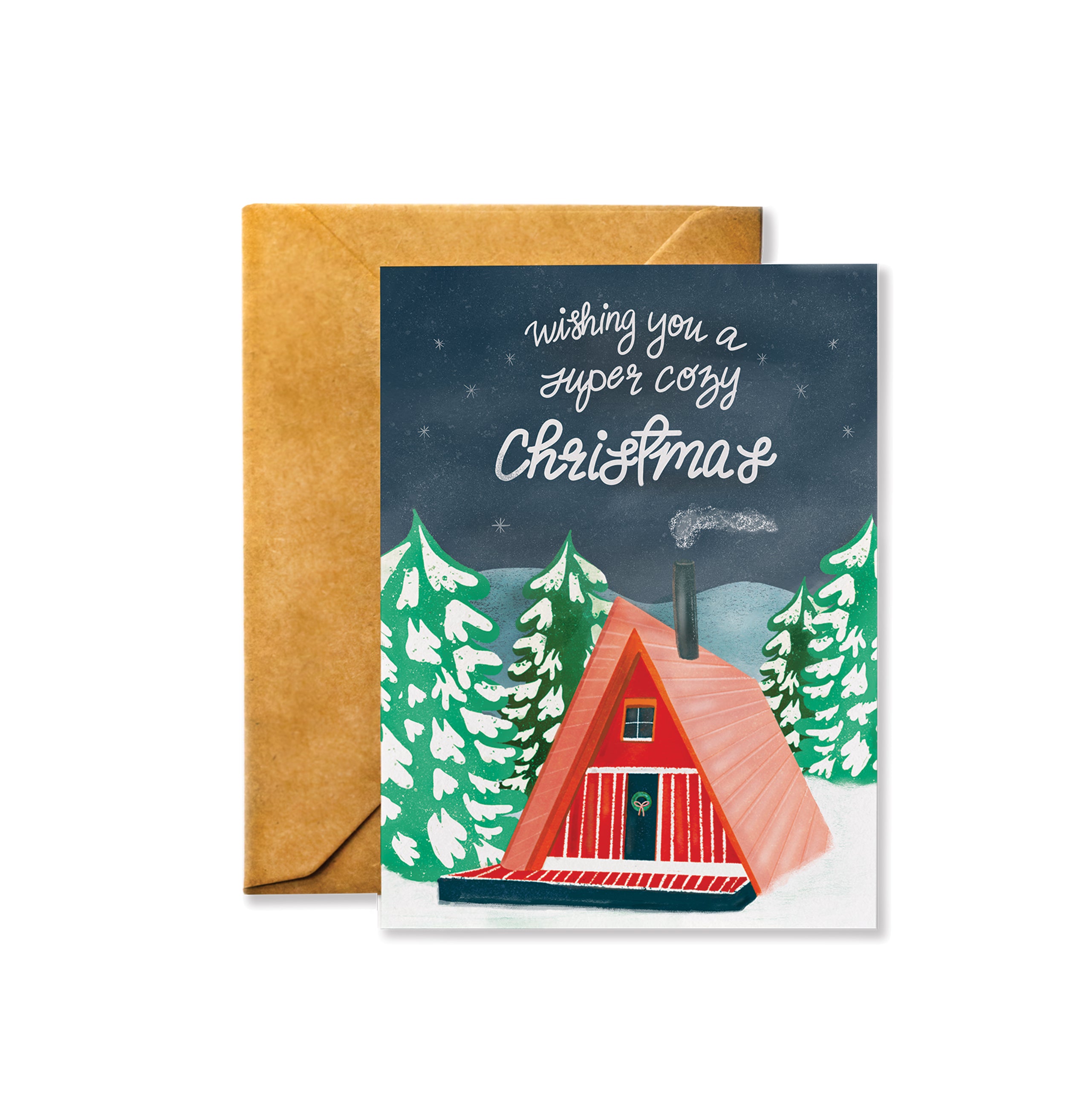 Wishing You a Super Cozy Christmas Card featuring a festive design, blank inside, and paired with a kraft envelope.