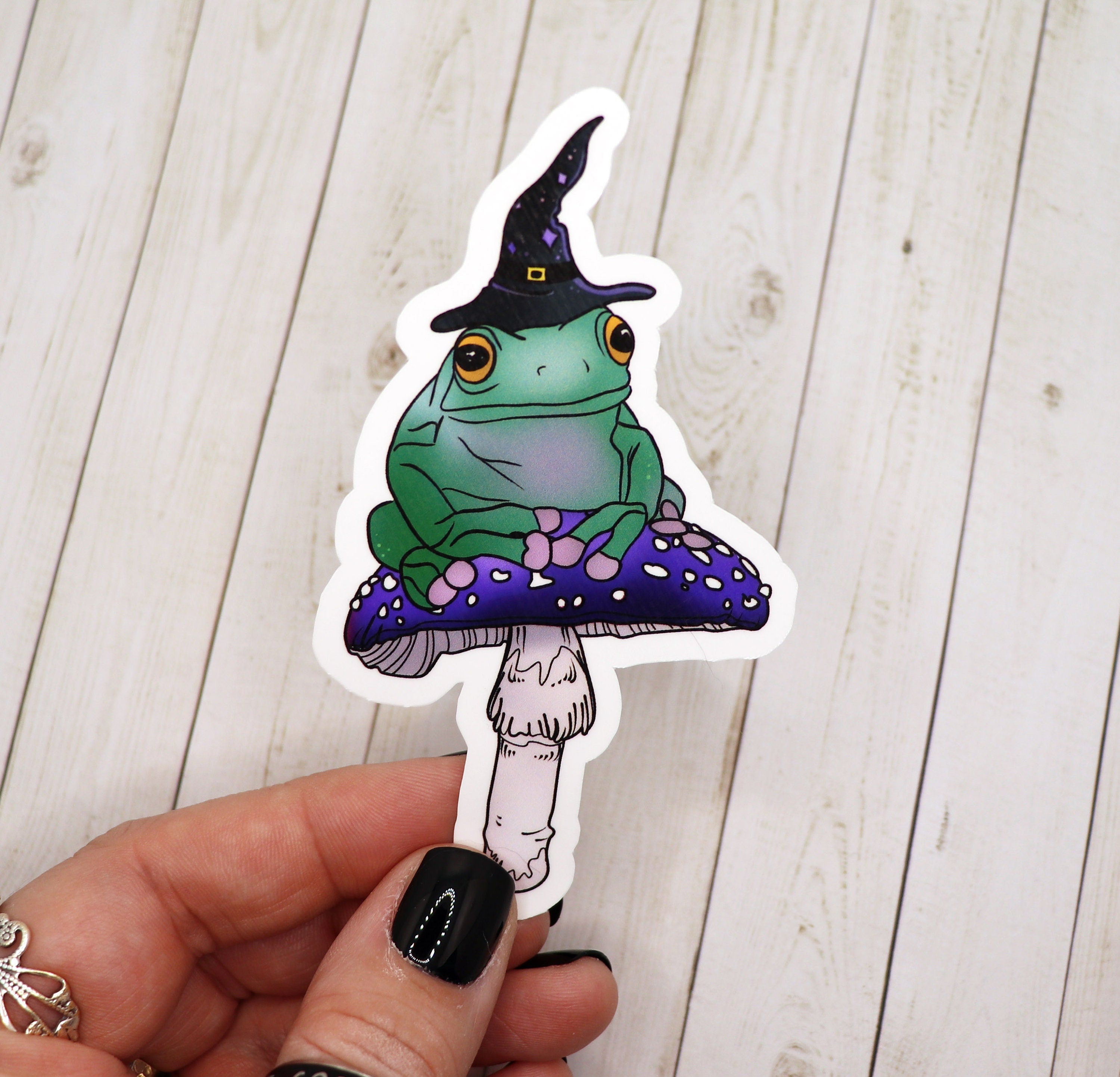 A whimsical sticker featuring a witch frog sitting on a toadstool, designed with vibrant colors and intricate details.