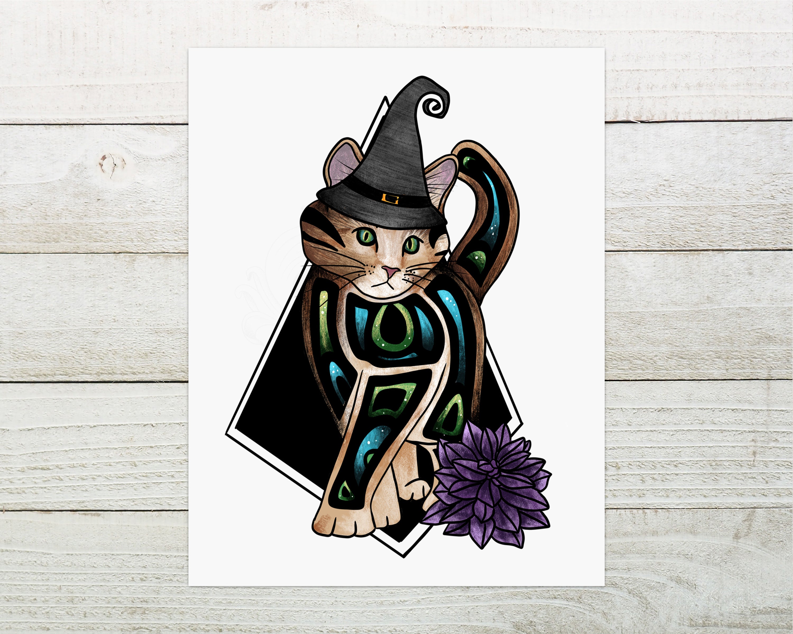 Whimsical art print featuring a cat in a hat, designed by Artemis in 2022, showcasing vibrant colors and intricate details.