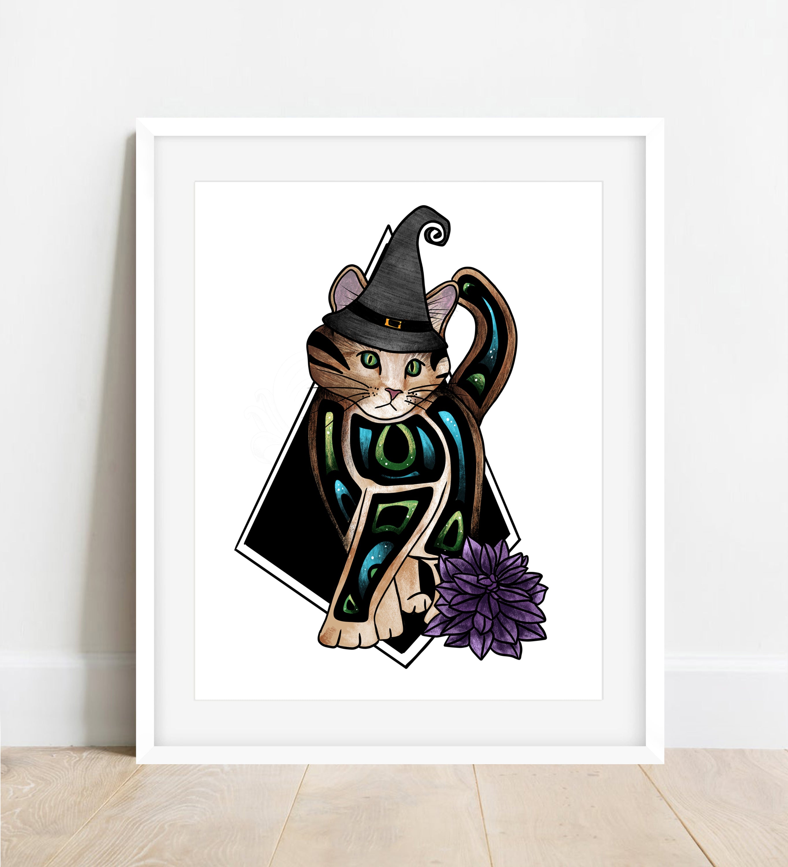 Whimsical art print featuring a cat in a hat, designed by Artemis in 2022, showcasing vibrant colors and intricate details.