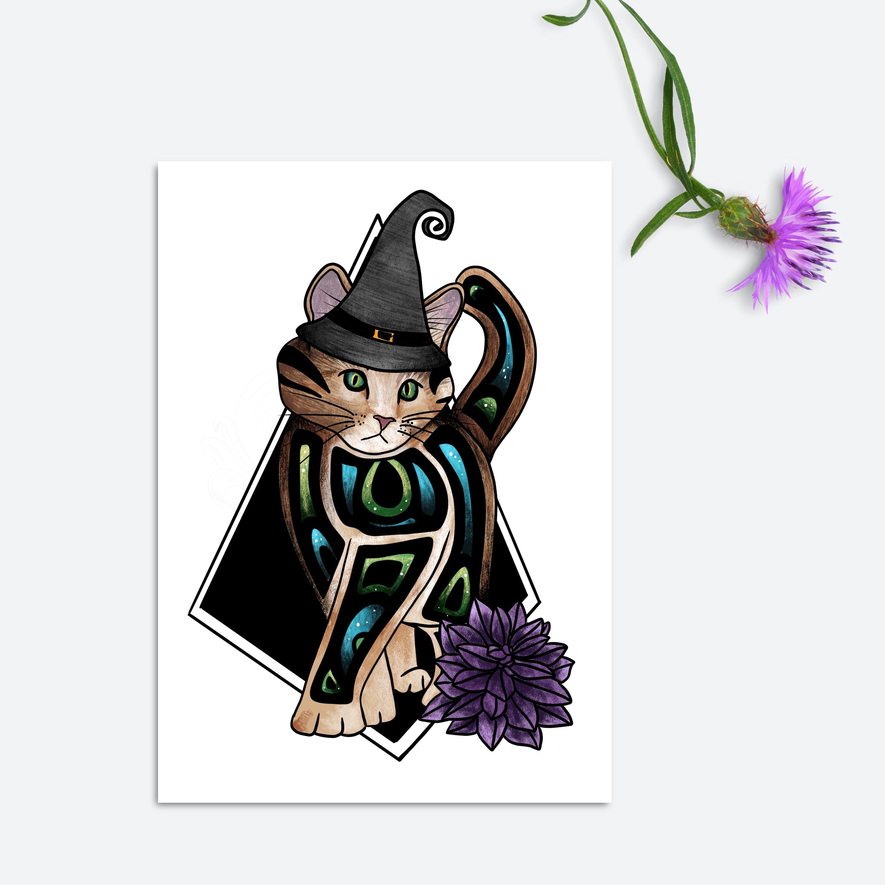 Whimsical art print featuring a cat in a hat, designed by Artemis in 2022, showcasing vibrant colors and intricate details.