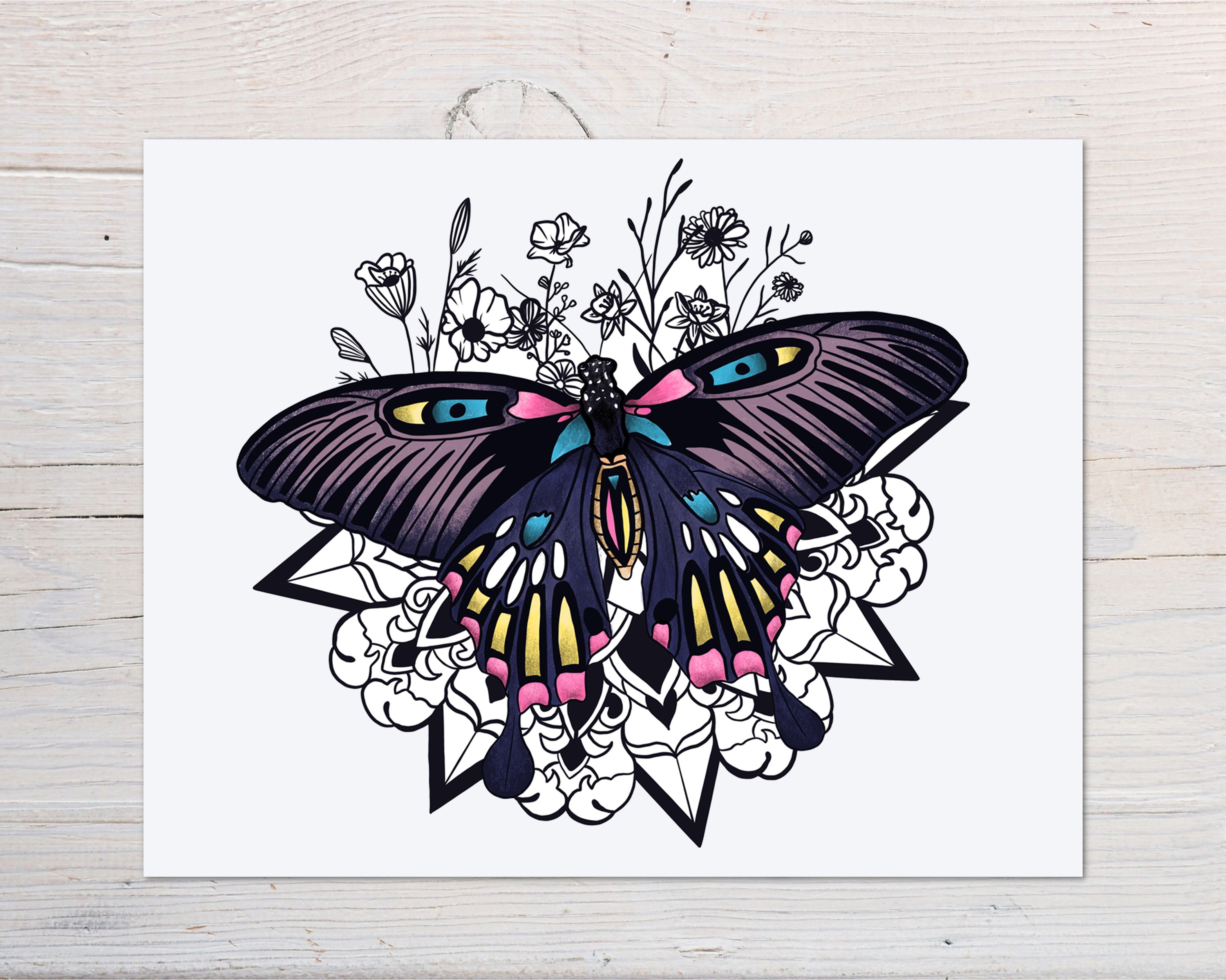 Witchy Moth Art Print featuring a mystical moth design, hand-signed and dated, printed on high-quality matte paper.