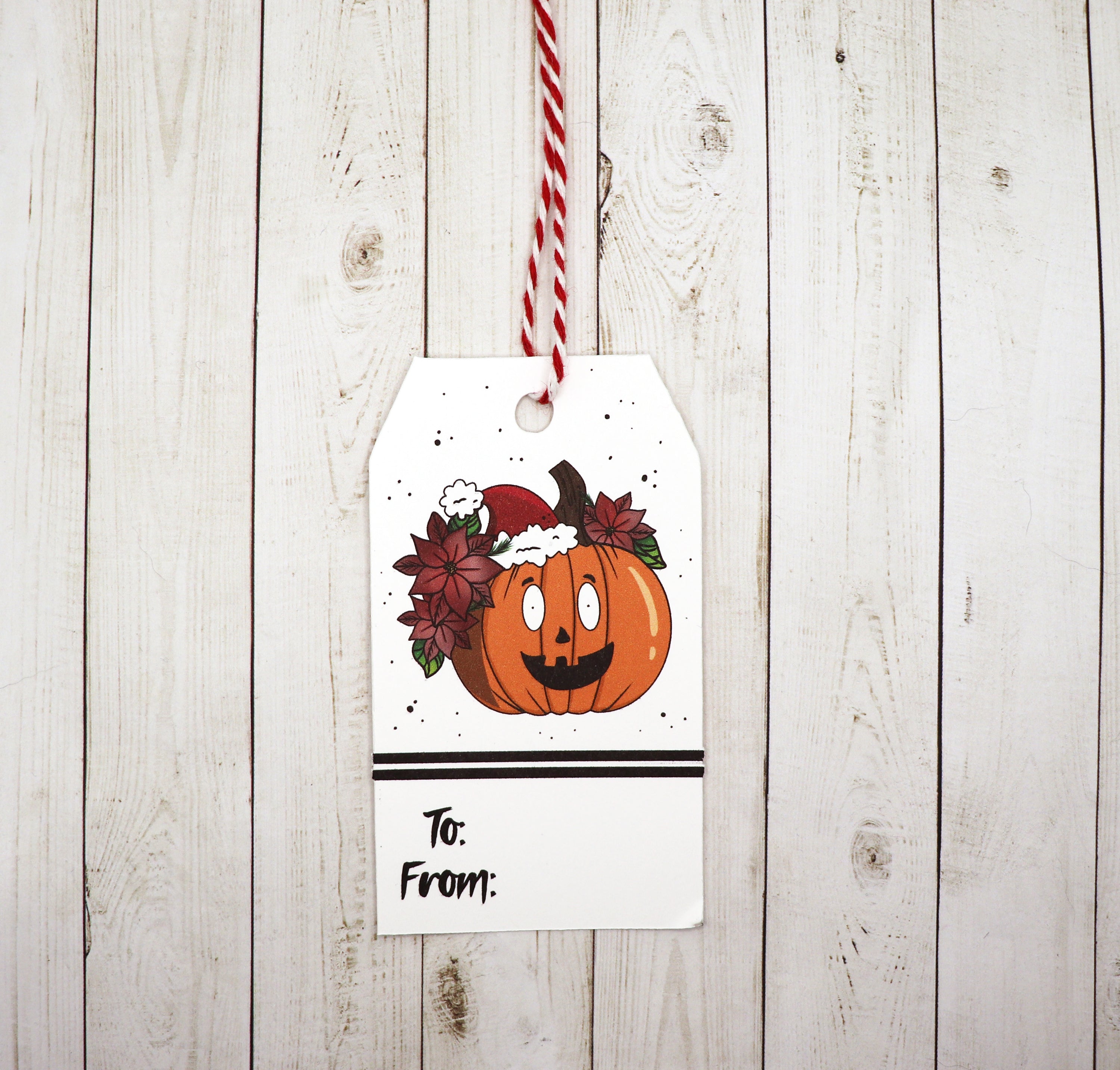 Witchy Pumpkin Gift Tag set featuring 8 tags with red and white twine, printed on heavy white cardstock.