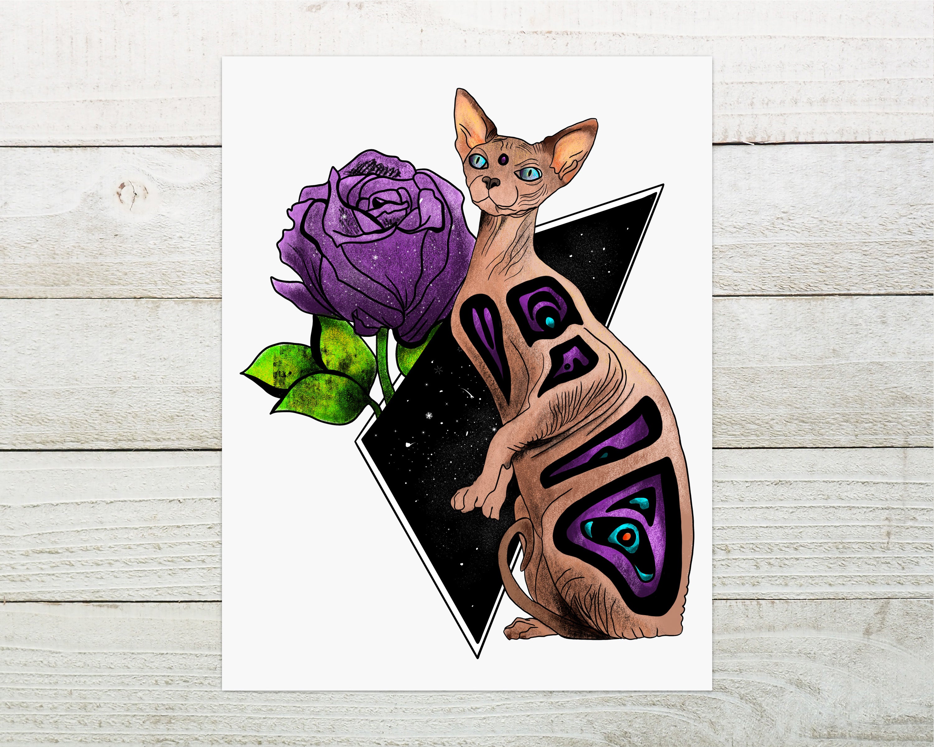 Witchy Sphynx Cat Art Print featuring a mystical design, hand-signed by the artist, printed on high-quality matte paper.