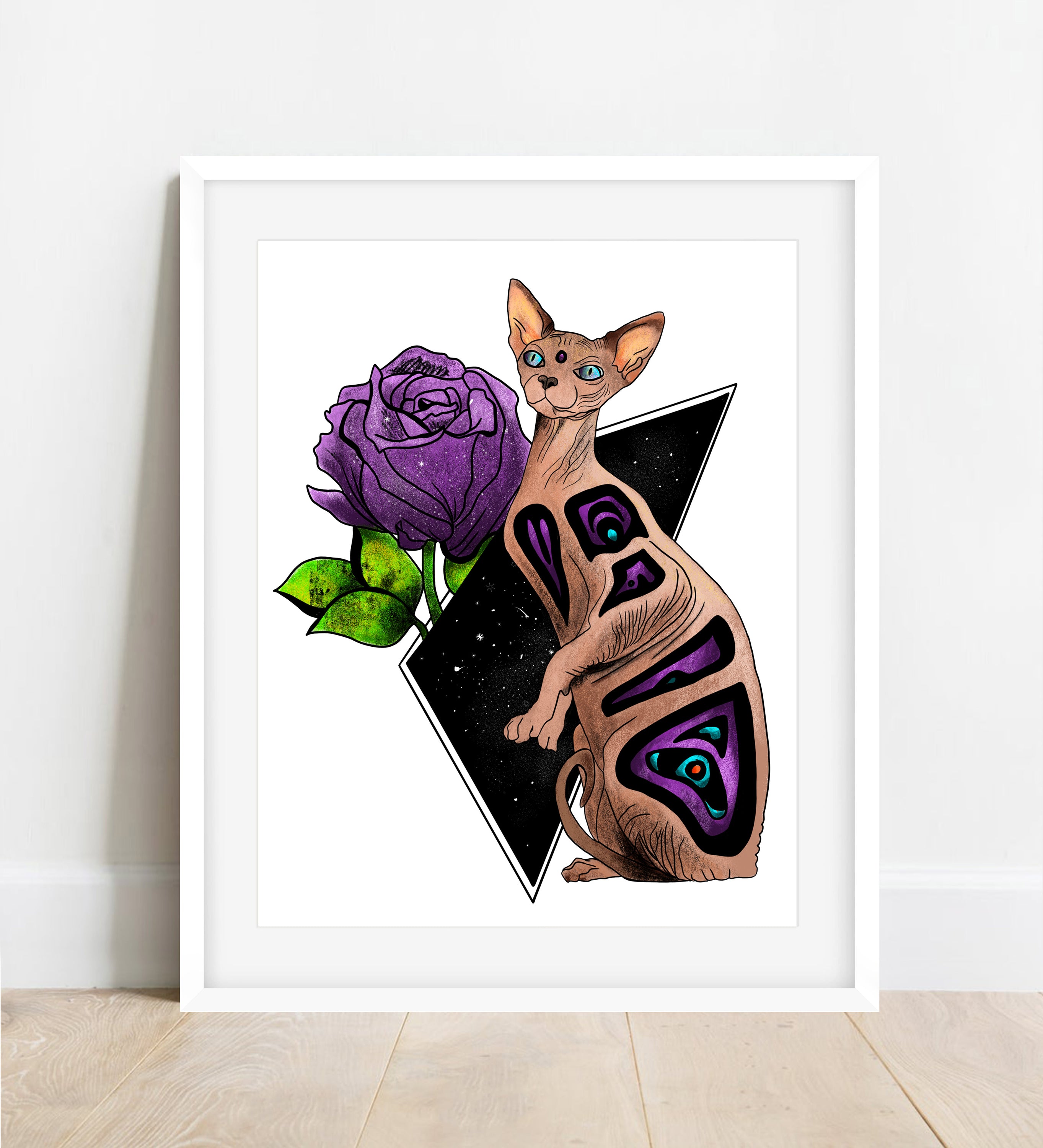 Witchy Sphynx Cat Art Print featuring a mystical design, hand-signed by the artist, printed on high-quality matte paper.