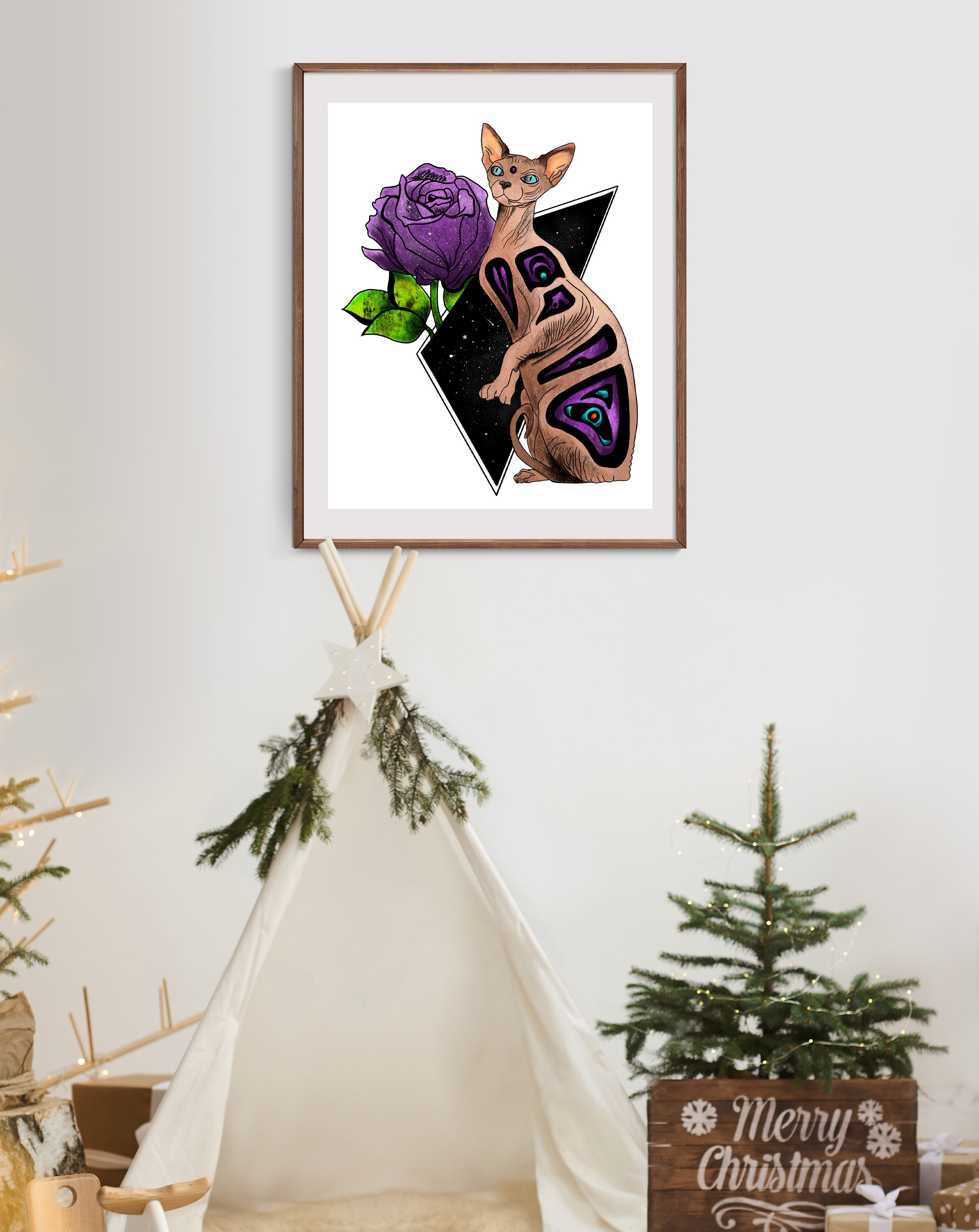 Witchy Sphynx Cat Art Print featuring a mystical design, hand-signed by the artist, printed on high-quality matte paper.