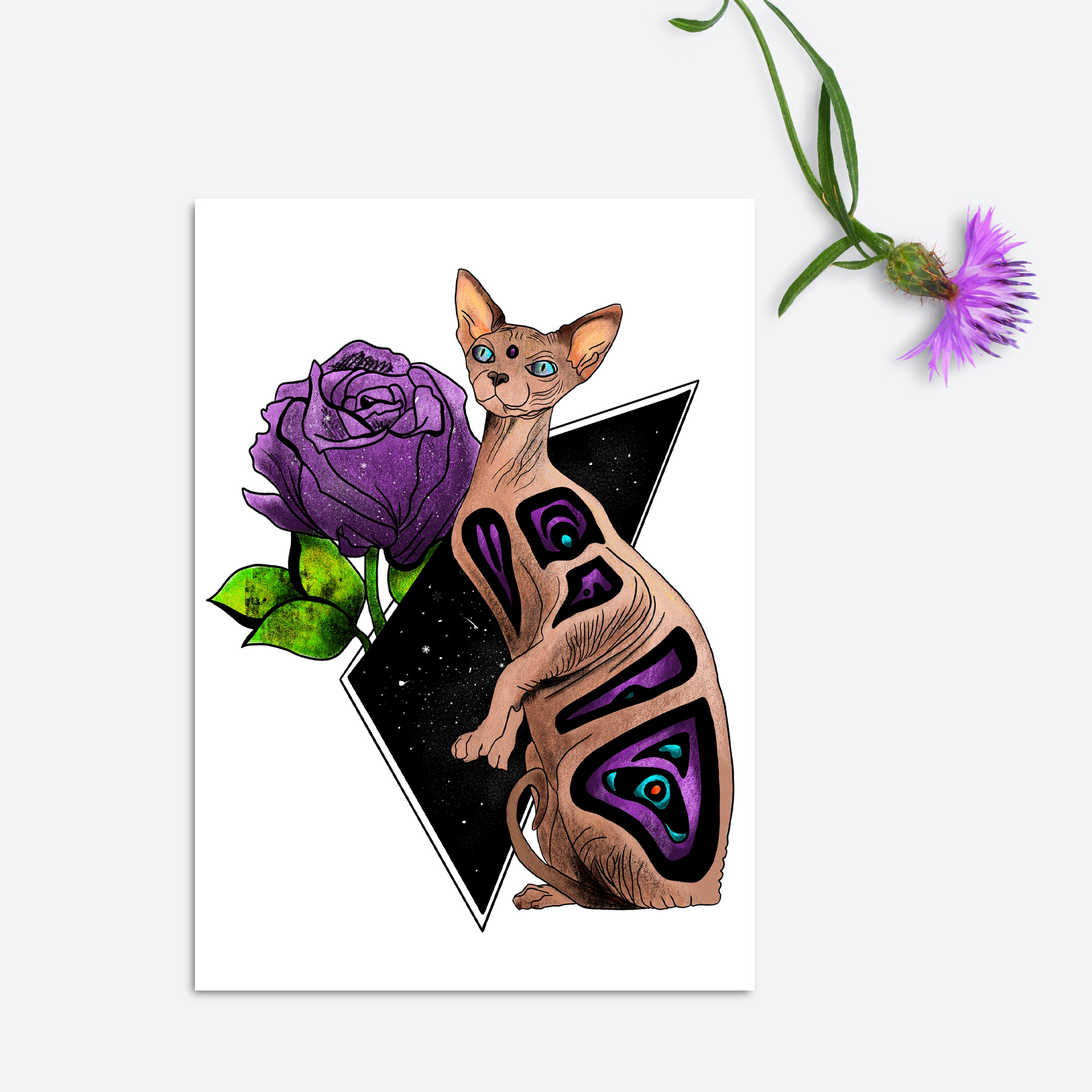 Witchy Sphynx Cat Art Print featuring a mystical design, hand-signed by the artist, printed on high-quality matte paper.