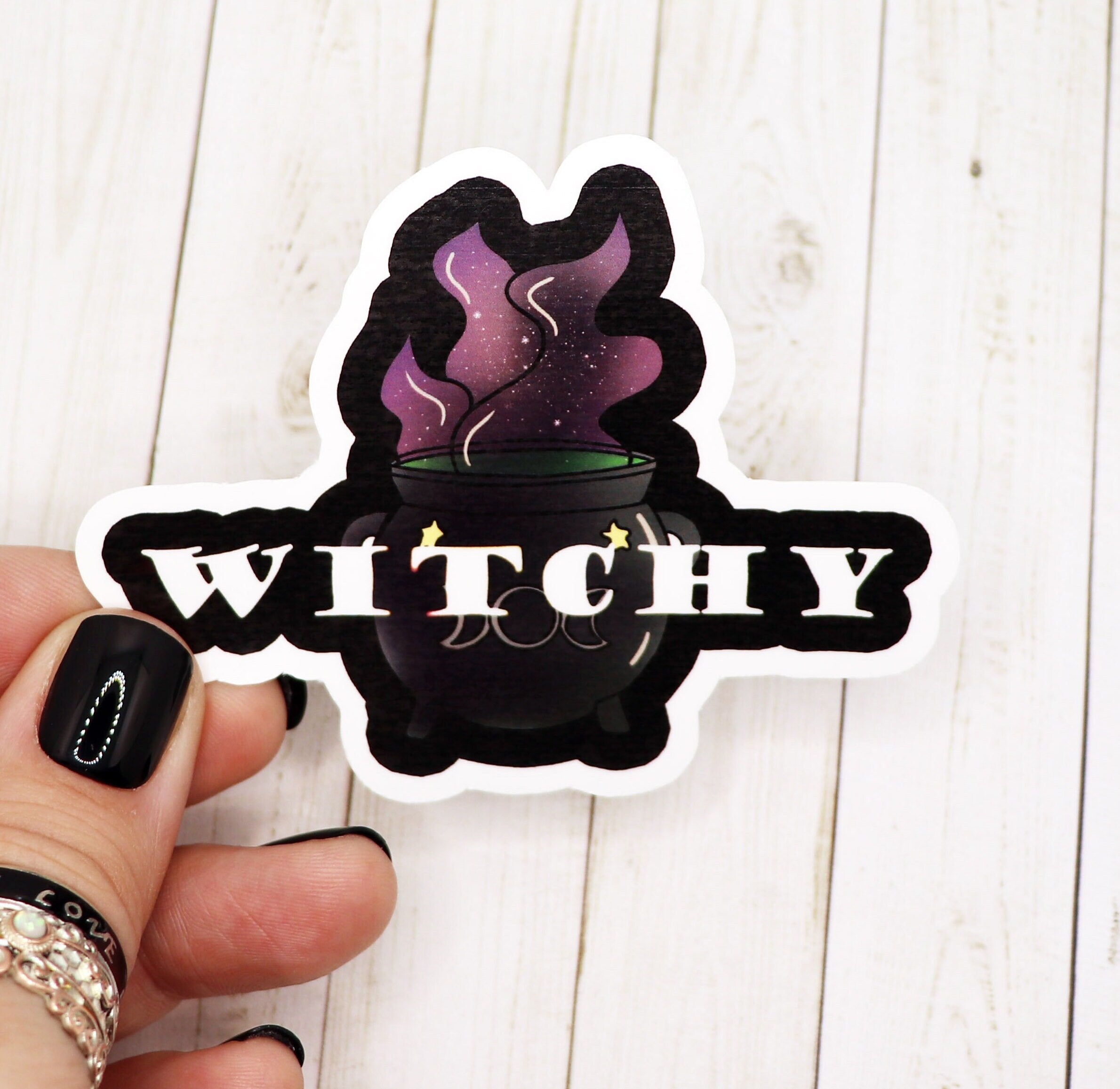 A 3-inch Witchy Sticker featuring mystical designs, printed on high-quality matte vinyl with a laminated finish for durability.