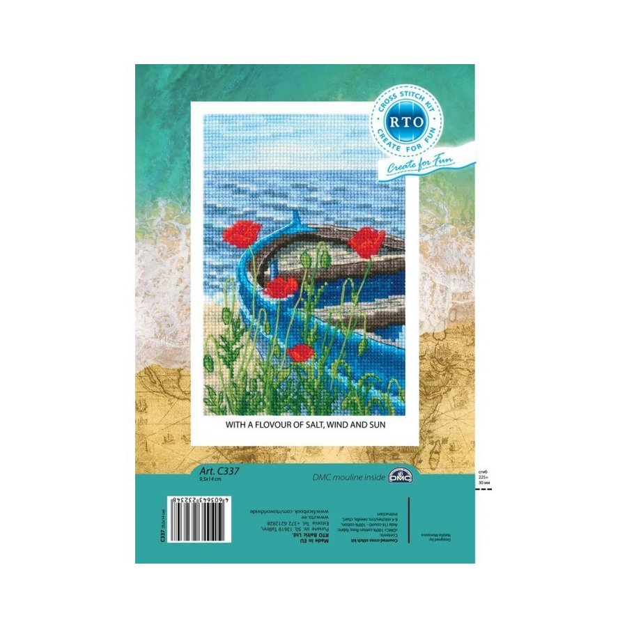 C337 Counted Cross Stitch Kit featuring Aida 16 canvas, DMC threads, and stitching supplies in a vibrant and artistic layout.