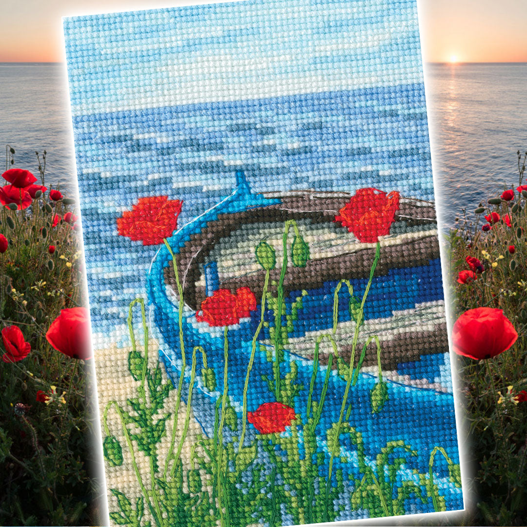 C337 Counted Cross Stitch Kit featuring Aida 16 canvas, DMC threads, and stitching supplies in a vibrant and artistic layout.