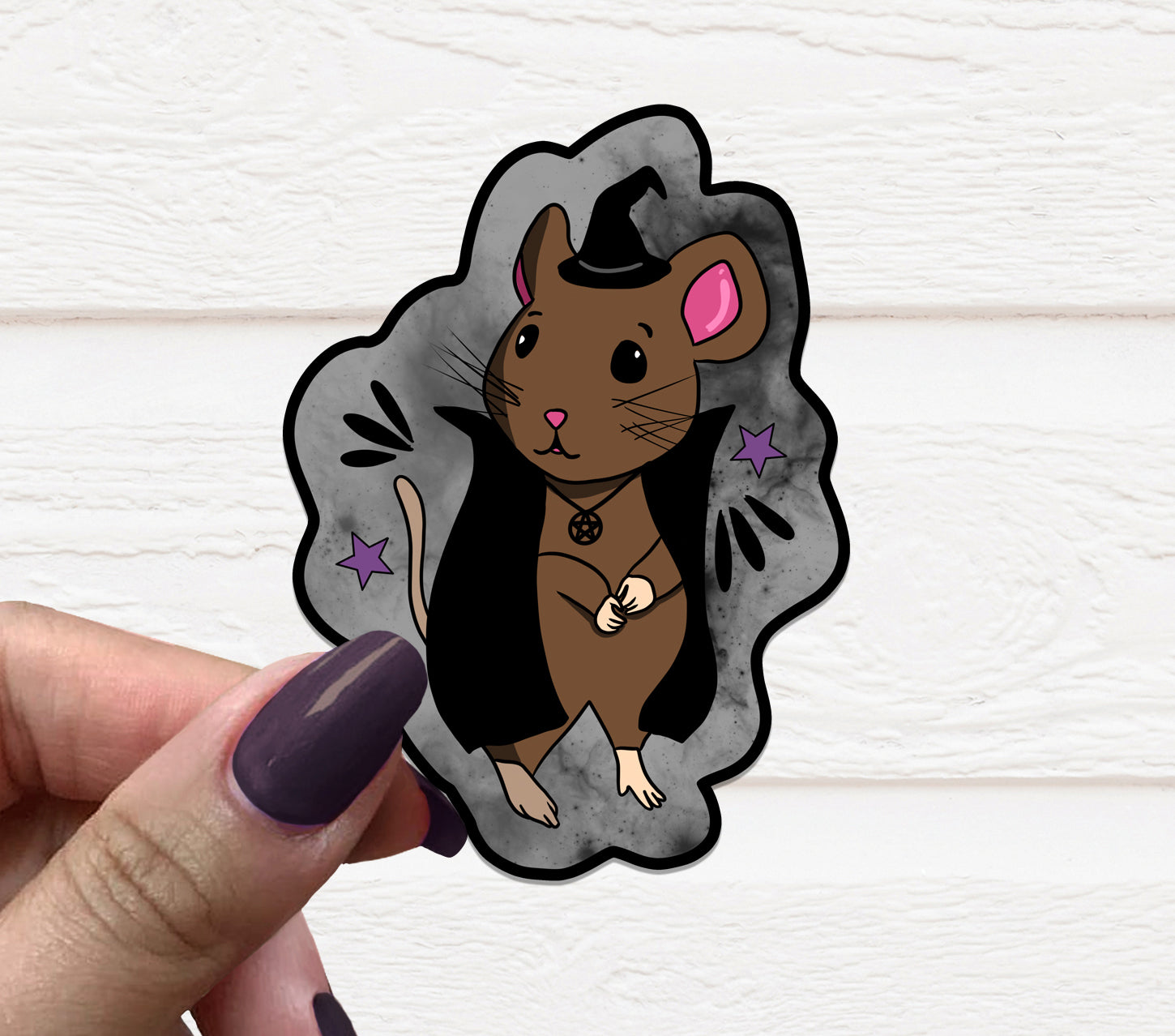 A whimsical Wizard Mouse Vinyl Sticker featuring a charming mouse in wizard attire, perfect for personalizing various items.